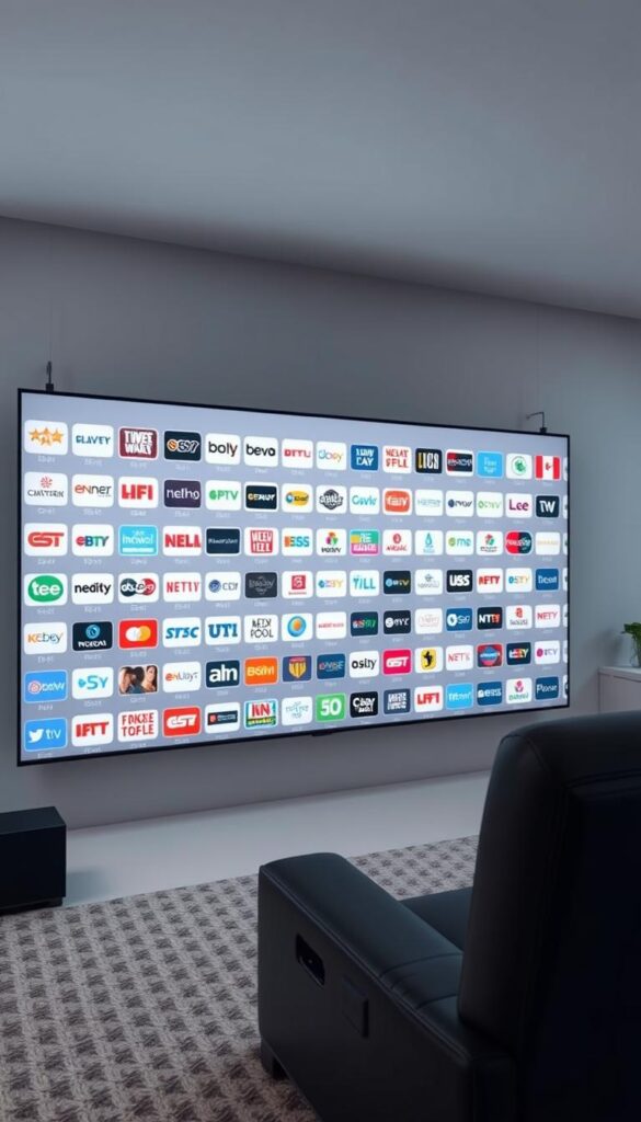 A modern, minimalist digital interface showcasing the expansive IPTV channel selection from IPTVANBIETERTV. The display prominently features a clean grid layout highlighting numerous channel icons, reflecting the comprehensive 350+ channel offering. Soft, muted colors create a sleek, professional aesthetic, while strategic lighting and camera angles emphasize the depth and scale of the content library. The overall composition conveys a sense of high-quality, reliable IPTV service with an impressive breadth of entertainment options.