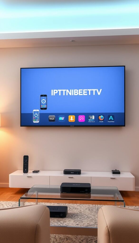 A modern, minimalist digital living room interior with a large flatscreen TV mounted on the wall. The TV screen displays the IPTVANBIETERTV brand logo and interface, showcasing various connected devices like a smartphone, tablet, and streaming box. The room is bathed in warm, soft lighting, creating a cozy and inviting atmosphere. The TV and devices are arranged in a visually appealing, symmetrical layout, highlighting the seamless integration of IPTV technology across multiple platforms. The overall scene conveys the convenience and versatility of IPTV for the modern household.