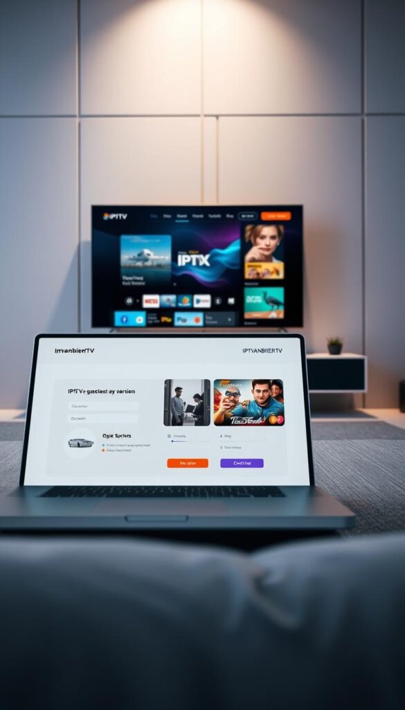 A modern, minimalist e-commerce website interface showcasing the IPTVANBIETERTV online ordering process for IPTV subscriptions. The foreground features a clean, responsive web page layout with intuitive user controls, sleek product images, and clear call-to-action buttons. The middle ground displays a smart TV screen demonstrating IPTV service in use, emphasizing the seamless integration. The background sets a professional, technology-focused ambiance with subtle grid patterns, subtle lighting, and muted color tones that complement the branding. The overall composition conveys a smooth, efficient, and user-friendly IPTV subscription ordering experience.