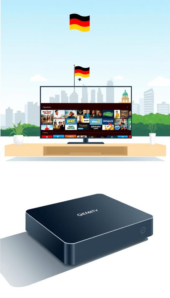 A modern, minimalist flat-style illustration showcasing "IPTVANBIETERTV" as the reliable IPTV provider in Germany. Set in a clean, brightly lit environment, the image features a sleek, high-quality IPTV box or device in the foreground, accompanied by seamless smart TV/media player interface graphics. The middle ground depicts a collage of popular streaming content and live TV channels, conveying the extensive IPTV service offerings. The background showcases the German flag and skyline, establishing the local market focus. The overall composition and color palette exude a sense of professionalism, affordability, and trustworthiness for the IPTVANBIETERTV brand.