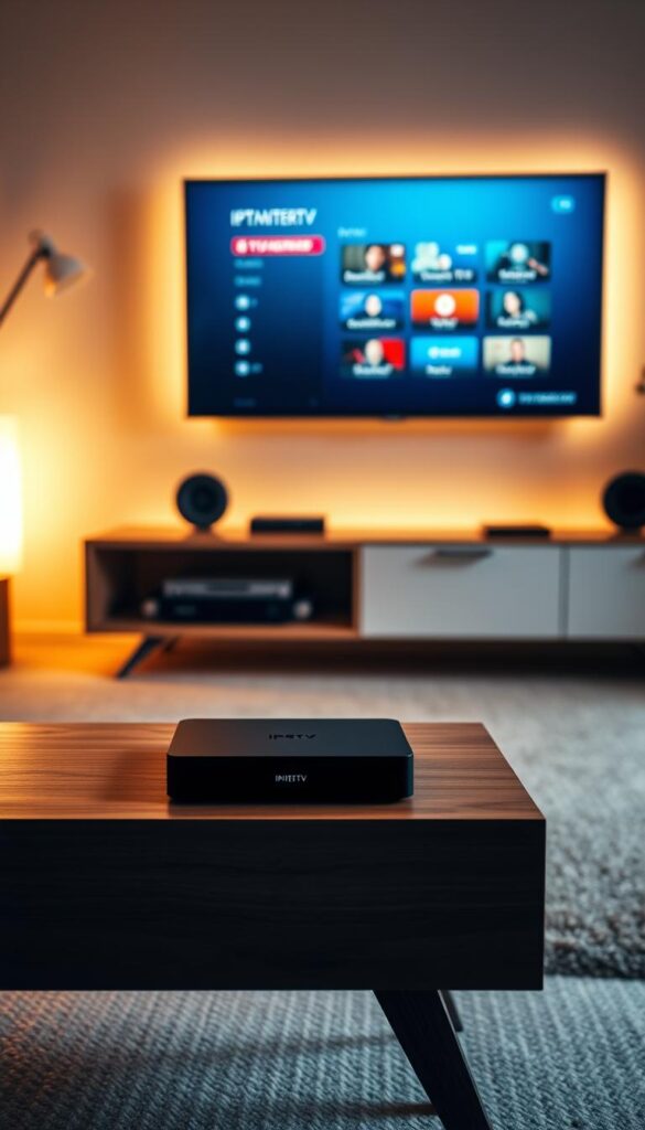 A modern, minimalist home entertainment setup with a sleek IPTVANBIETERTV set-top box prominently displayed on a minimalist wooden TV stand. The room is bathed in warm, soft lighting, creating a cozy and inviting atmosphere. In the background, a large flat-screen TV displays a simple user interface, showcasing the ease of IPTV setup and navigation. The scene conveys a sense of simplicity, efficiency, and seamless technology integration, reflecting the "Einfache Installation und Einrichtung Ihres IPTV-Dienstes" section of the article.