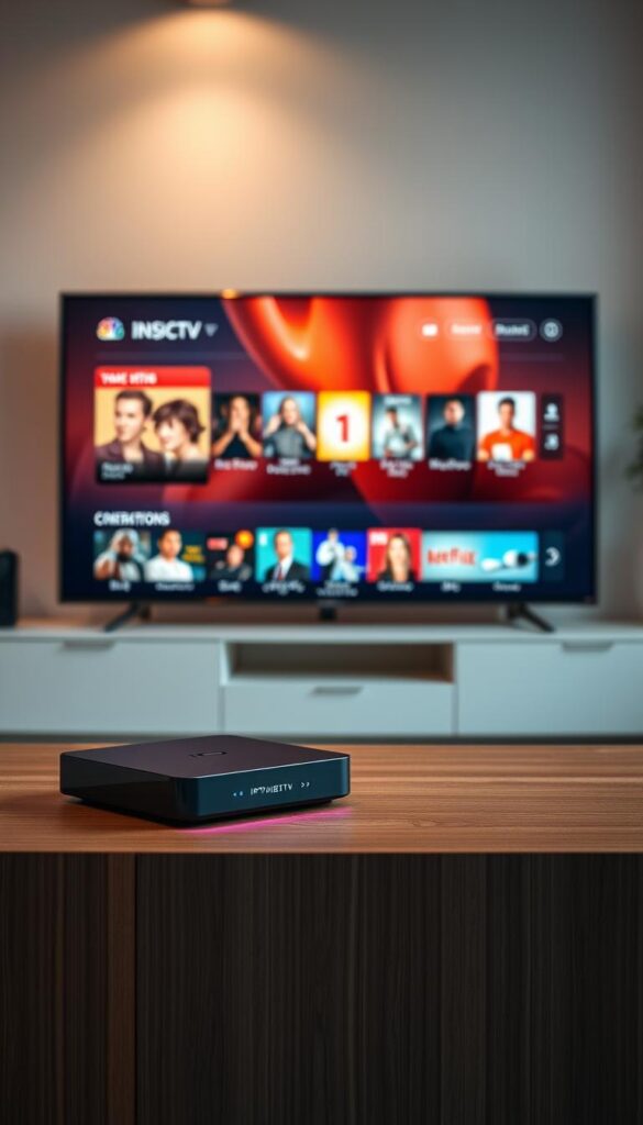A modern, minimalist home entertainment setup with a sleek IPTVANBIETERTV streaming device prominently displayed on a minimalist wooden entertainment center. The device is surrounded by ambient lighting, casting a warm glow across the scene. In the background, a large, high-definition television screen displays a vibrant, colorful IPTV interface, showcasing the diverse content available. The overall composition conveys a sense of simplicity, comfort, and the ease of accessing a wide range of digital entertainment from the convenience of one's living space.