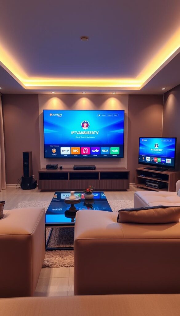 A modern, minimalist home interior with a large flatscreen TV displaying the IPTVANBIETERTV interface. The room is well-lit with warm, indirect lighting, creating a cozy atmosphere. A coffee table and comfortable sofas are arranged to create a pleasant viewing experience. On the opposite side of the room, another TV is visible, showcasing the same IPTVANBIETERTV interface, demonstrating the ability to use the service on multiple devices simultaneously. The overall scene conveys a sense of convenience, relaxation, and the flexibility of IPTV technology.