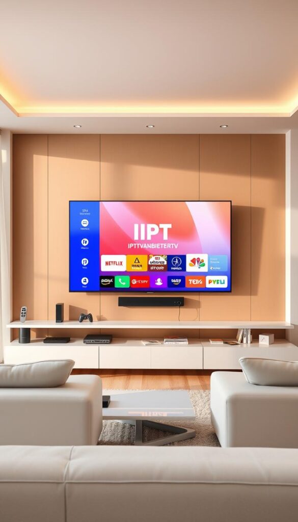 A modern, minimalist home interior with a large, wall-mounted TV displaying a vivid IPTV Deutschland interface. The setup features sleek, white furniture and clean lines, creating a minimalist, high-tech aesthetic. The TV is flanked by smart home devices, wireless controllers, and a cable management system, highlighting the seamless integration of IPTV technology. Warm, natural lighting from floor-to-ceiling windows illuminates the scene, creating a welcoming and inviting atmosphere. The IPTVANBIETERTV logo is prominently displayed on the TV screen, showcasing the brand's presence in the setup.