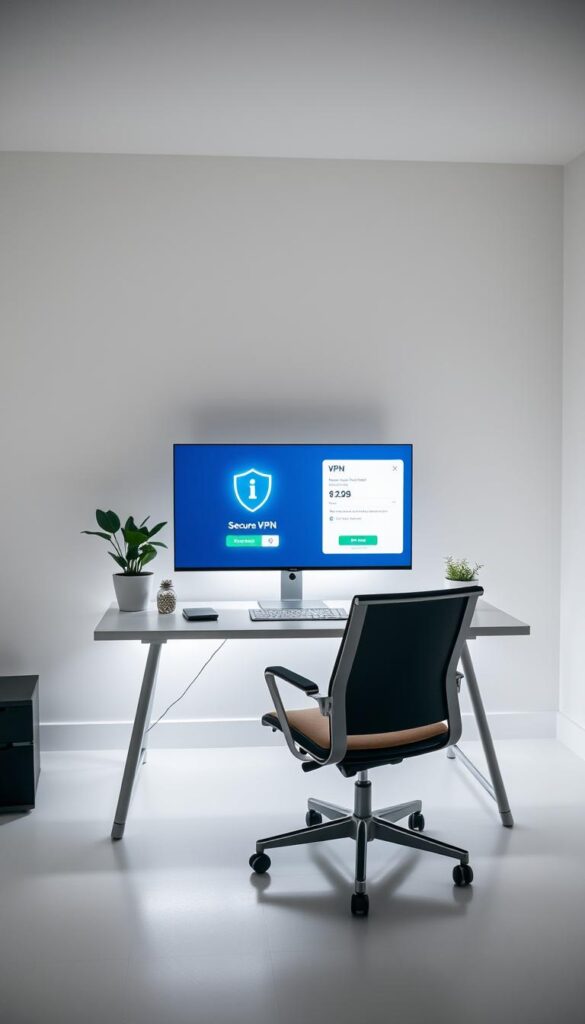 A modern, minimalist home office setup with a sleek desk, an ergonomic chair, and a large IPTVANBIETERTV screen displaying a secure VPN connection. Soft, diffused lighting illuminates the space, creating a calm and focused atmosphere. The VPN interface on the screen showcases a secure connection, with a clean and intuitive design. A potted plant and a few carefully placed decorative elements add a touch of warmth to the minimalist aesthetic. The overall scene conveys a sense of productivity, security, and a professional, yet comfortable work environment.
