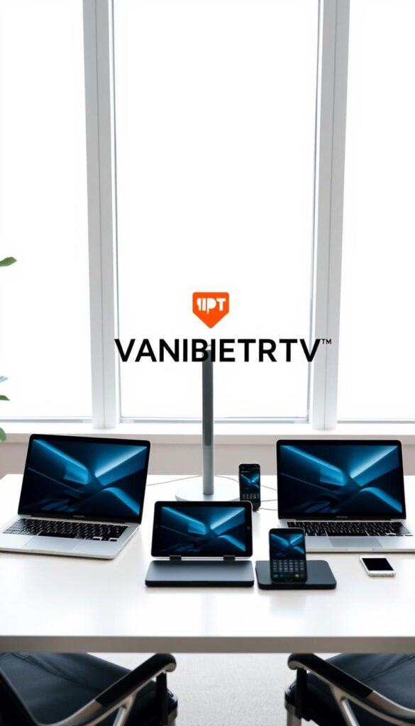 A modern, minimalist home office setup with multiple devices - laptops, tablets, and smartphones - simultaneously in use. The devices are arranged in a visually pleasing, symmetrical layout against a clean, bright backdrop. Natural lighting from large windows creates a soft, airy atmosphere. The IPTVANBIETERTV brand logo is subtly incorporated into the scene, adding a touch of branding. The overall impression is one of productivity, efficiency, and the convenience of using multiple devices at once.