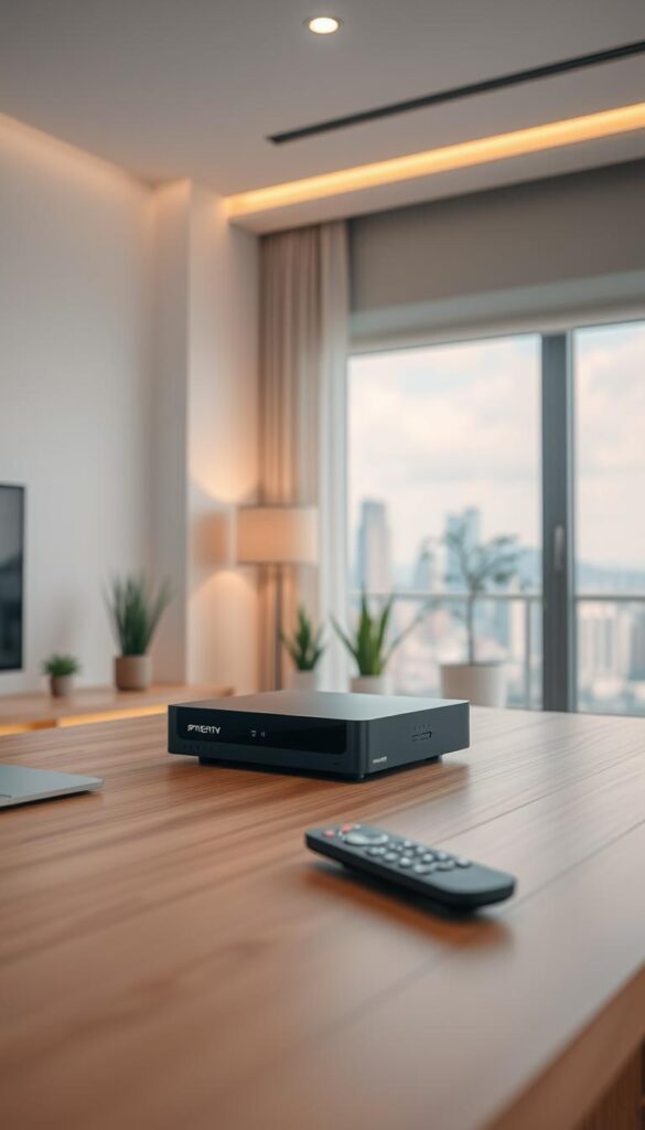 A modern, minimalist home office setup. An IPTVANBIETERTV set-top box sits atop a sleek, wood-grain desk, its clean lines and muted colors complementing the room's neutral tones. Subtle ambient lighting creates a warm, inviting atmosphere, while a large window floods the space with natural light. The foreground features the IPTVANBIETERTV device, its simple remote control, and a laptop or tablet, suggesting the easy setup and intuitive use of the IPTV service. The middle ground showcases a few potted plants and carefully curated decor, while the background depicts a tranquil, out-of-focus city skyline, hinting at the wide variety of entertainment options available through the IPTVANBIETERTV platform.