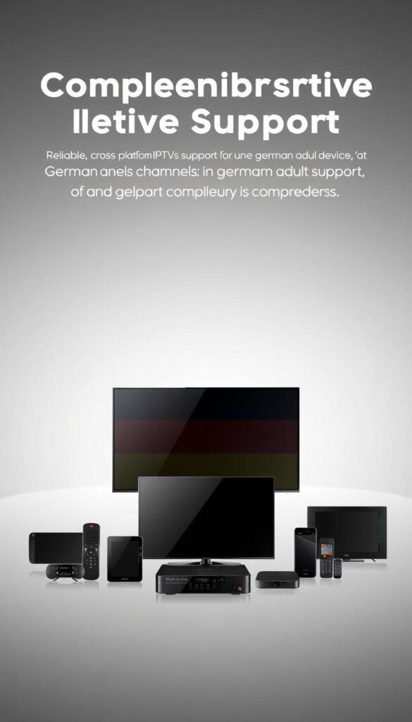 A modern, minimalist illustration depicting the comprehensive device support offered by IPTVANBIETERTV. In the foreground, a sleek, high-end smart TV and a range of other compatible devices such as smartphones, tablets, and streaming boxes are neatly arranged, suggesting the versatility of the IPTV service. The middle ground features a stylized backdrop of the German flag, hinting at the service's focus on the German market. The background is a clean, gradient-based environment, creating a sense of simplicity and elegance. The overall scene conveys a message of reliable, cross-platform IPTV support for the German adult channels, with a focus on the wide range of compatible devices.