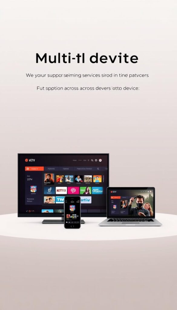 A modern, minimalist illustration depicting the concept of multi-device support for IPTVANBIETERTV. In the foreground, a sleek, high-resolution display shows various streaming media services and content, with user interface elements hinting at the ability to access this content across multiple devices. In the middle ground, a smartphone, tablet, and laptop are arranged in a visually appealing layout, each displaying the same IPTVANBIETERTV interface, demonstrating seamless cross-device functionality. The background features a soft, gradient-based color scheme in muted tones, creating a sense of sophistication and technological advancement. The overall scene conveys a message of convenience, flexibility, and the seamless integration of IPTVANBIETERTV across a user's digital ecosystem.