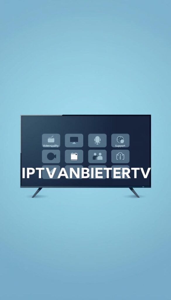 A modern, minimalist illustration depicting the key criteria for selecting an IPTV provider in Germany. In the foreground, the brand name "IPTVANBIETERTV" prominently displayed in a sleek, sans-serif font. In the middle ground, a grid of rectangular icons representing important factors such as channel selection, video quality, pricing, and customer support. The background features a subtly textured, cool-toned gradient, creating a sense of professionalism and technological sophistication. The overall composition is balanced, with clean lines and a harmonious color palette to convey the informative and authoritative nature of the subject matter.