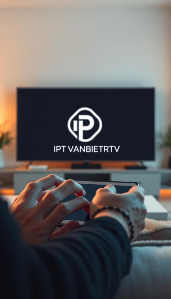 A modern, minimalist illustration depicting the resolution of IPTV-related issues. In the foreground, a person's hands are working on a tablet or smartphone, focused on troubleshooting an IPTV service. The middle ground features the IPTVANBIETERTV logo, subtly integrated into the scene. The background showcases a clean, uncluttered interior design, with warm lighting and muted colors, conveying a sense of calm and focus. The overall mood is one of problem-solving and optimization, with a high-tech, sleek aesthetic. The composition should emphasize the hands-on, technical nature of the task at hand, while maintaining a visually appealing and professional appearance.