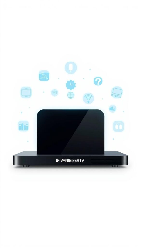 A modern, minimalist illustration of "Abmahnungssicheres IPTV" showcasing the IPTVANBIETERTV brand. Set against a clean, white background, the image depicts a sleek, high-tech IPTV device in the foreground, its minimalist design highlighted by subtle shadows and reflections. The device is surrounded by floating, holographic-style icons and graphics representing the various IPTV features and services, conveying a sense of advanced technology and reliability. The overall composition is balanced and visually appealing, with a focus on simplicity and elegance to match the "Abmahnungssicheres" (legally compliant) nature of the IPTV offering.