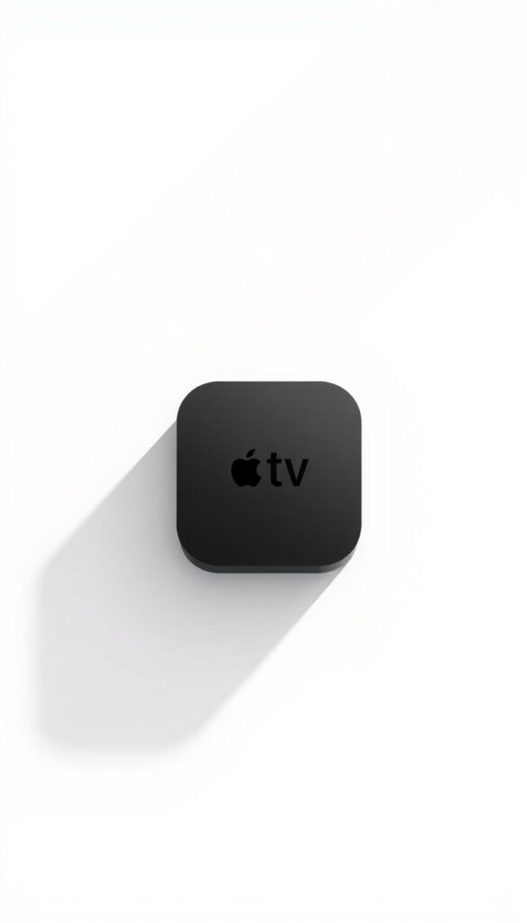 A modern, minimalist illustration of "IPTV Deutschland Apple TV" showcasing the device's sleek design and seamless integration with the IPTVANBIETERTV service. The Apple TV device takes center stage, surrounded by a clean, bright background that highlights its elegant contours and premium finish. Subtle shadows and soft lighting create depth and dimension, while a subtle gradient in the background adds a touch of sophistication. The overall composition conveys a sense of high-quality, reliable IPTV experience for Apple TV users.