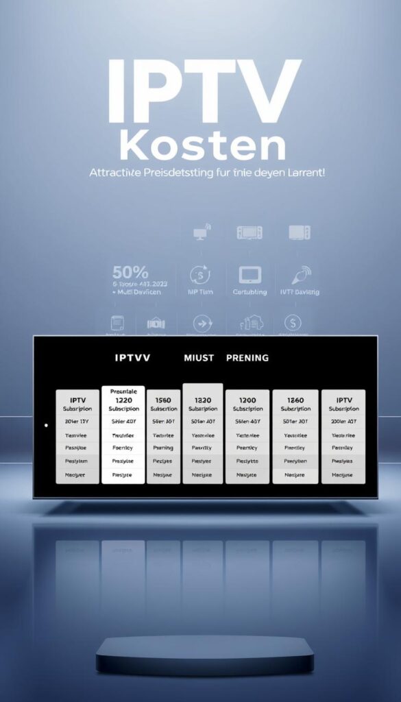 A modern, minimalist illustration of "IPTV Kosten" showcasing the IPTVANBIETERTV brand. In the foreground, a sleek, high-contrast display depicts various IPTV subscription plans with clear pricing information. The middle ground features simple iconography and infographics highlighting the key benefits of IPTV, such as multi-device support and reliable streaming. The background is a clean, gradient-based environment, emphasizing the contemporary and premium nature of the IPTVANBIETERTV service. The overall tone is professional, informative, and visually appealing, aligning with the "Attraktive Preisgestaltung für jeden Bedarf" section of the article.