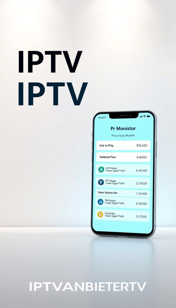 A modern, minimalist illustration of "IPTV Preise pro Monat" showcasing the IPTVANBIETERTV brand. A clean, neutral-toned background with soft lighting sets the stage. In the foreground, a sleek, stylized device or mobile screen displays the monthly pricing options in a clear, easy-to-read layout. The design conveys a sense of value, accessibility, and the convenience of IPTV services. The overall composition is visually striking yet straightforward, emphasizing the key details that would be relevant to a consumer researching IPTV subscription costs.