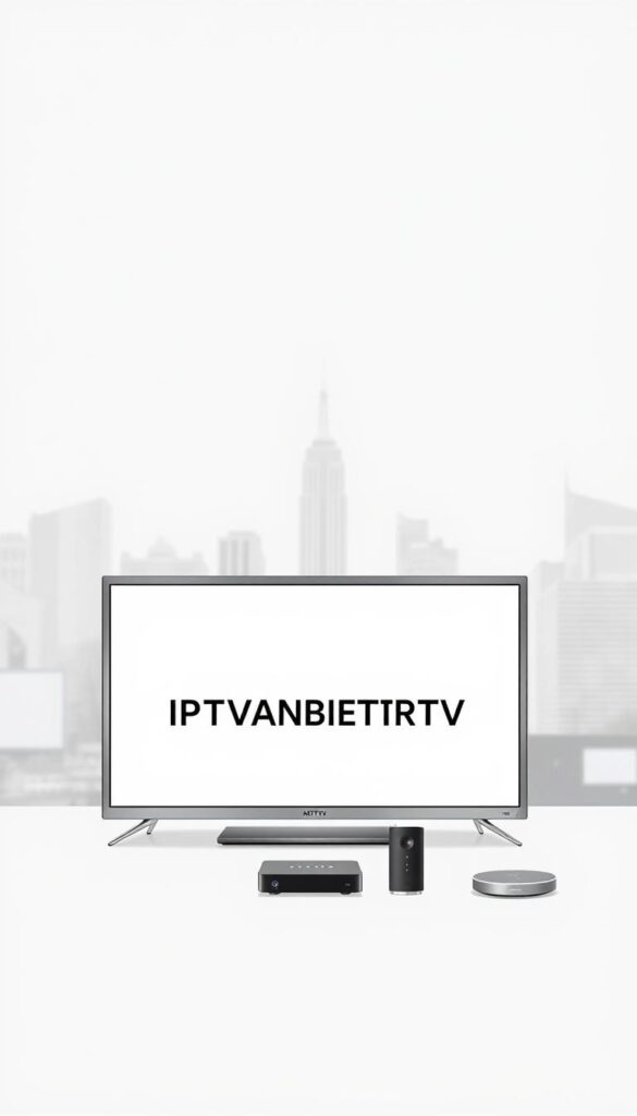 A modern, minimalist illustration of "IPTV Tipps für Einsteiger". In the foreground, a sleek, silver TV set with an ultra-thin bezel and sharp, clean lines. The TV screen displays the IPTVANBIETERTV brand logo in a bold, sans-serif font. In the middle ground, a variety of home entertainment devices like a streaming box, remote control, and smart speaker, all in a complementary color palette. The background features a soft, blurred cityscape with high-rise buildings, conveying a sense of technology and connectivity. The overall mood is one of simplicity, elegance, and the seamless integration of IPTV into the modern digital home.