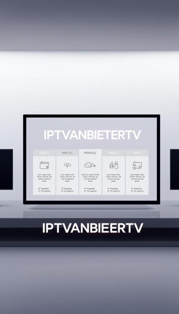 A modern, minimalist illustration of IPTV pricing models. In the foreground, a sleek, high-contrast display showcases the IPTVANBIETERTV brand name, rendered in a bold, geometric font. The middle ground features a clean grid layout of different pricing tiers, each represented by a simple icon and a concise description. The background is a soft, gradient-based environment, creating a sense of depth and emphasizing the focus on the pricing information. The overall mood is professional, tech-savvy, and visually appealing, reflecting the attractiveness and versatility of the IPTV service's pricing options.