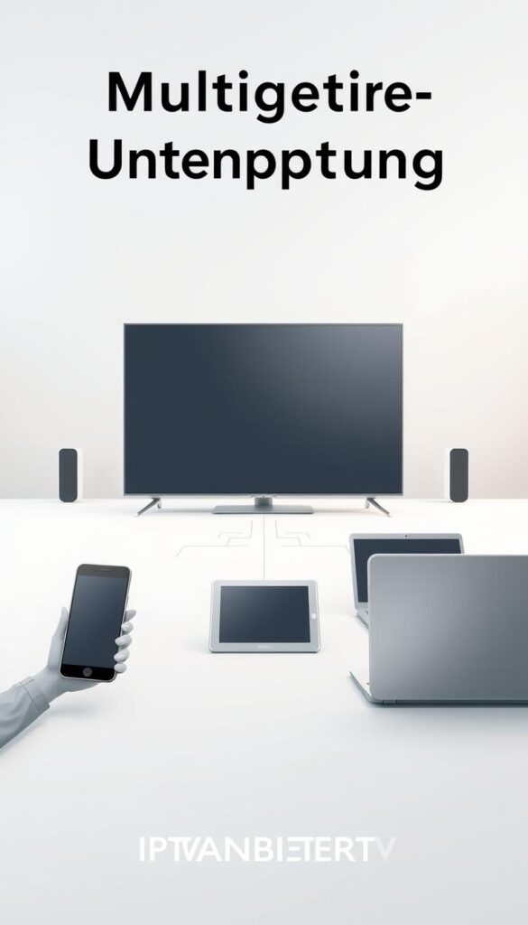 A modern, minimalist illustration of "Multigeräte-Unterstützung" for IPTVANBIETERTV. In the foreground, a group of electronic devices - a smartphone, tablet, laptop, and smart TV - seamlessly connected and sharing content. The devices are rendered in sleek, metallic tones with clean, geometric shapes. The middle ground features a subtle grid or network pattern, symbolizing the flexible, cross-platform connectivity. The background is a soft, gradient blend of calming, neutral hues, creating a sense of harmony and versatility. Soft, diffused lighting enhances the premium, high-tech aesthetic. The overall composition conveys the ease and flexibility of IPTVANBIETERTV's multi-device support for the modern, tech-savvy user.