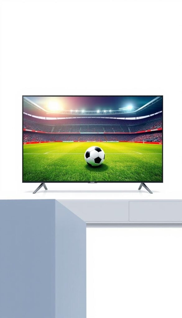 A modern, minimalist illustration of a Bundesliga soccer match broadcast on IPTVANBIETERTV. In the foreground, a large flat-screen TV displays the game in high definition, with crisp, vivid colors and sharp details. The TV is set against a clean, white background, creating a sense of focus and clarity. In the middle ground, a soccer ball rolls across a lush, green field, with the iconic Bundesliga stadium in the background, its floodlights illuminating the scene. The atmosphere is one of energy and excitement, capturing the dynamic nature of the Bundesliga league and its growing presence in the IPTV landscape.