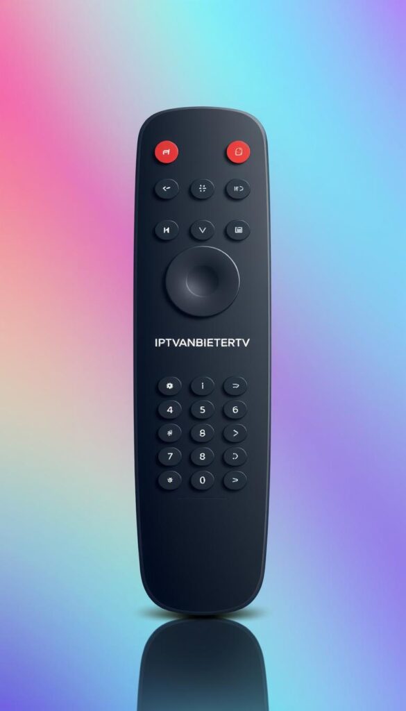 A modern, minimalist illustration of a sleek IPTV remote control against a vibrant gradient background. The remote features the brand name "IPTVANBIETERTV" prominently displayed on its surface. The composition emphasizes the device's clean lines and intuitive design, conveying a sense of technological sophistication and user-friendly accessibility. Soft, directional lighting accentuates the remote's form, creating depth and subtle shadows that add visual interest. The overall mood is one of simplicity, elegance, and the promise of a seamless IPTV experience.