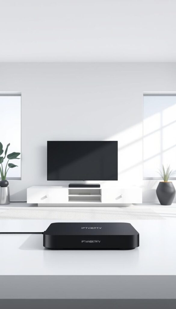 A modern, minimalist illustration of an IPTV setup. A sleek IPTVANBIETERTV set-top box takes center stage, connected to a high-definition flat-screen TV. The living room background is bright and airy, with large windows allowing natural light to stream in. The scene conveys a sense of simplicity and convenience, reflecting the ease of use and accessibility of IPTV technology. The composition emphasizes the key components - the IPTV box and the TV - while maintaining a clean, uncluttered aesthetic. The overall mood is one of sophistication and user-friendliness, capturing the essence of a modern IPTV experience.