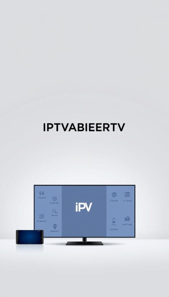 A modern, minimalist illustration of the IPTV Angebot. A sleek, high-contrast image with a clean, sophisticated design. The IPTVANBIETERTV logo prominently displayed in the center, rendered in a bold, geometric font against a subtly textured backdrop. The foreground features a simple, elegant layout showcasing the key features and benefits of IPTV, such as a wide selection of channels, on-demand content, and a user-friendly interface. The middle ground includes subtle icons or illustrations that complement the IPTV theme. The background is a soft, neutral gradient that provides a visually pleasing and distraction-free environment, allowing the IPTV Angebot to be the main focus. The overall mood is one of professionalism, modernity, and technological advancement.