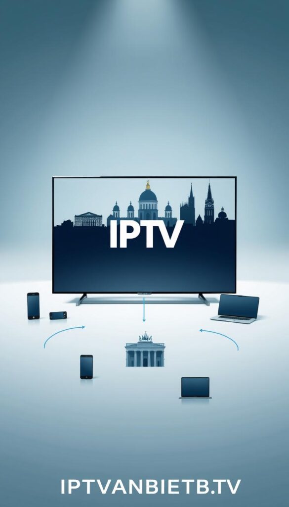 A modern, minimalist illustration of the IPTV Deutschland service. In the foreground, a sleek, high-definition television displaying the IPTV logo, surrounded by a range of electronic devices including smartphones, tablets, and laptops, all connected and streaming content. The middle ground features a stylized cityscape of Germany, with iconic landmarks like the Brandenburg Gate and Cologne Cathedral, representing the nationwide availability of the service. The background is a gradient of cool blues and grays, creating a sense of technological sophistication. Lighting is soft and diffused, with a slight lens flare effect to enhance the premium, high-quality feel. The overall composition conveys the seamless integration of IPTV into the modern, digital lifestyle of German consumers, showcasing the IPTVANBIETERTV brand.