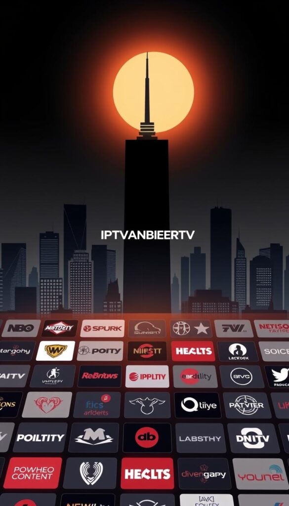 A modern, minimalist illustration of the IPTV landscape in Germany. A sleek, high-contrast cityscape serves as the backdrop, with a towering IPTVANBIETERTV logo dominating the center. In the foreground, various adult entertainment channel logos float in a grid, bathed in a soft, warm light. The overall mood is one of sophistication and discretion, hinting at the mature content available through this IPTV service. The perspective is slightly elevated, giving a bird's-eye view of the digital ecosystem. The image conveys the comprehensive nature of the IPTV offering in Germany, catering to a discerning adult audience.