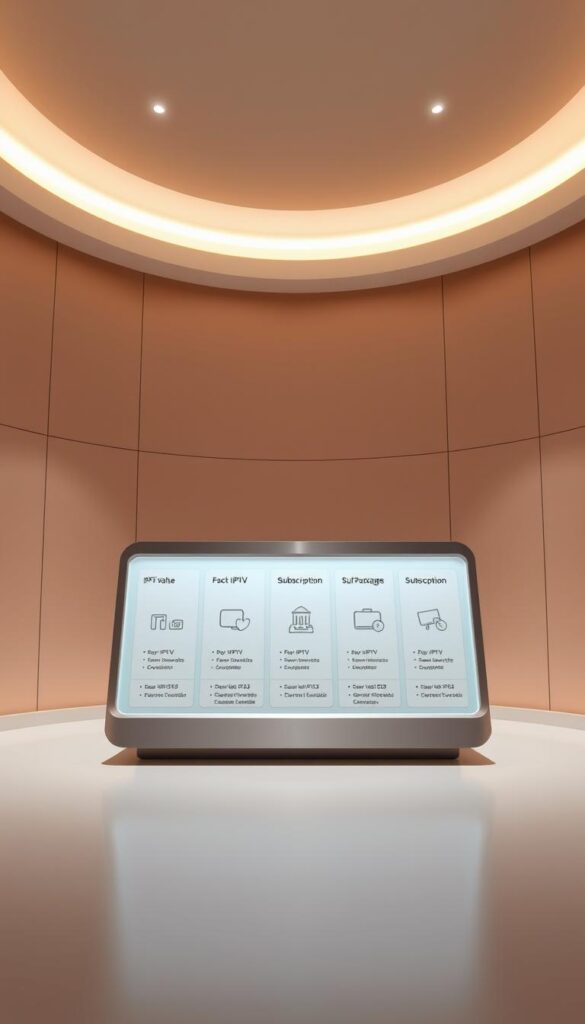 A modern, minimalist illustration of the IPTVANBIETERTV brand's attractive pricing models. The scene depicts a sleek, metallic-toned display stand showcasing various IPTV packages and subscription options. The stand is positioned in a sophisticated, well-lit interior with muted, warm-toned walls, creating a premium, high-end atmosphere. The packages are represented by simple, geometric shapes in a neutral color palette, emphasizing the clarity and value of the offerings. The overall composition is balanced and visually appealing, drawing the viewer's attention to the key pricing details.