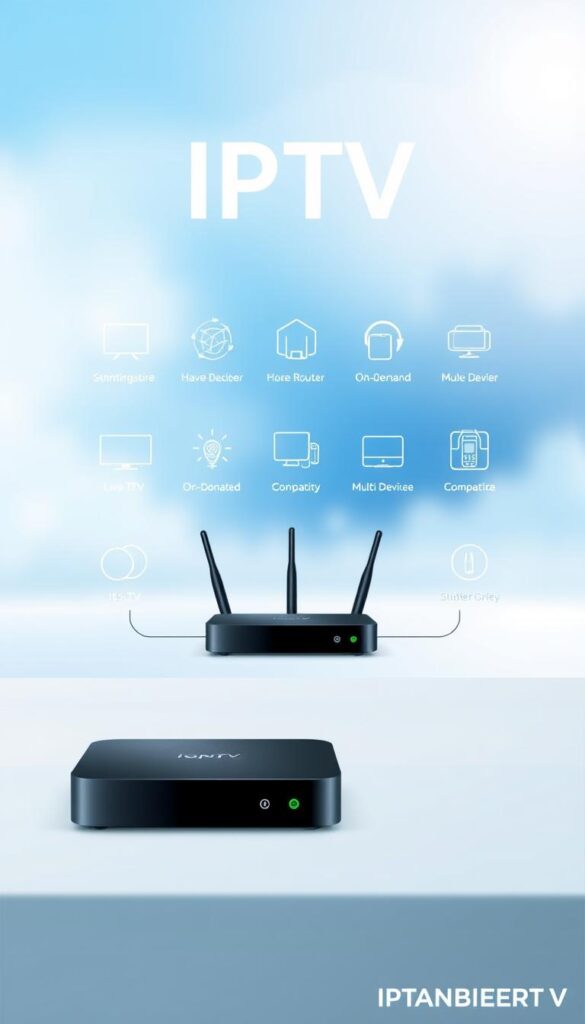 A modern, minimalist illustration of the core concepts of IPTV. In the foreground, a clean, high-contrast diagram showcases the key IPTV components: a streaming device, a home router, and a cloud-based IPTV service. The middle ground features sleek, geometric icons representing IPTV's defining features like live TV, on-demand content, and multi-device compatibility. The background has a soft, blurred gradient in shades of blue, evoking the digital, cloud-based nature of IPTV. The overall aesthetic is elegant and informative, perfectly suited to illustrate the "IPTV Grundlagen" section. The IPTVANBIETERTV logo is discreetly placed in the bottom right corner.