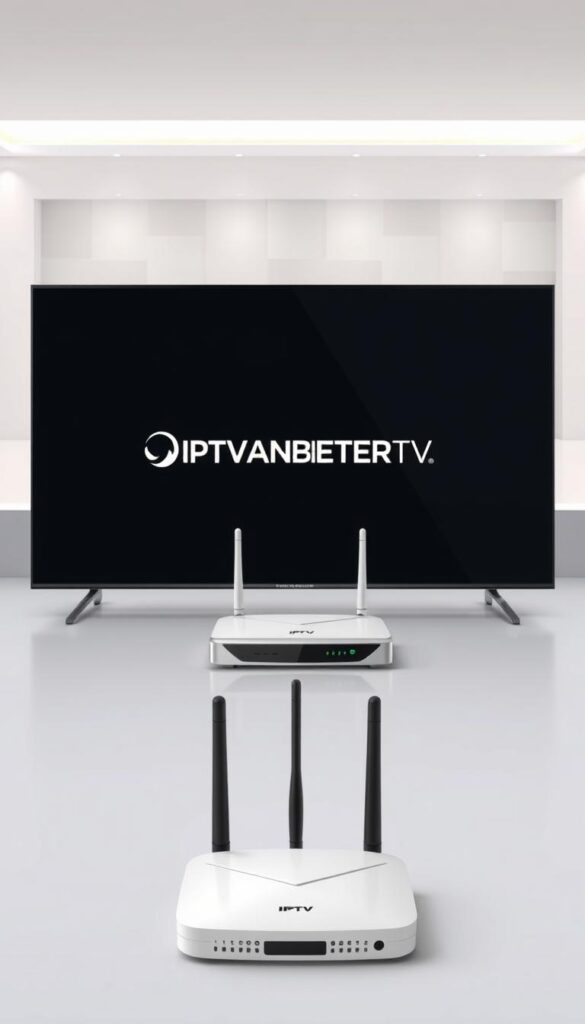 A modern, minimalist illustration of the technical requirements for an optimal IPTV experience. In the foreground, a sleek smart TV displaying the IPTVANBIETERTV brand logo. In the middle ground, a compact router and ethernet cable, symbolizing the necessary internet connectivity. In the background, a clean, geometric architectural scene with soft lighting, conveying a sense of simplicity and technological sophistication. The overall mood is one of streamlined efficiency and user-friendly design, reflecting the ideal IPTV setup.