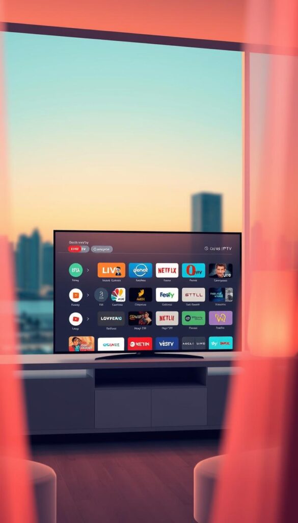 A modern, minimalist illustration showcasing an IPTVANBIETERTV streaming service interface. A sleek, responsive UI takes center stage, with a clean grid layout displaying a variety of live TV channels and on-demand content options. The interface is bathed in a warm, soft lighting, creating a cozy, inviting atmosphere. The background features a subtle, blurred cityscape, hinting at the global reach and accessibility of the IPTV service. The overall composition is balanced and visually striking, highlighting the attractive pricing and subscription options for this günstiges IPTV solution.