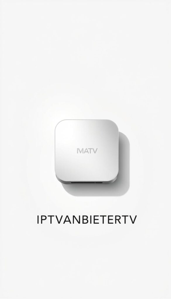A modern, minimalist illustration showcasing the IPTVANBIETERTV brand and its IPTV services for the MAG box. A sleek, silver MAG box is prominently displayed, surrounded by a clean, white background. The MAG box casts a subtle shadow, creating depth and dimension. Soft, directional lighting emanates from the top left, illuminating the device and adding a sense of sophistication. The IPTVANBIETERTV logo is elegantly featured below the MAG box, rendered in a bold, sans-serif typeface. The overall composition conveys a high-quality, professional service focused on providing the best IPTV experience for MAG box users.