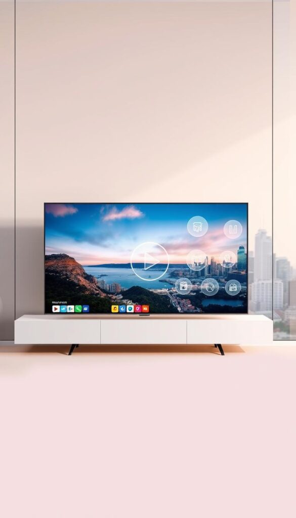 A modern, minimalist illustration showcasing the advantages of IPTV over traditional television. In the foreground, a sleek, high-definition smart TV displays vibrant, crisp imagery, representing the superior picture quality of IPTV. In the middle ground, icons symbolize the expansive content library, on-demand streaming, and personalized viewing experience of IPTV. In the background, a cityscape with the IPTVANBIETERTV logo hints at the widespread availability and convenience of IPTV. The scene is bathed in warm, natural lighting, conveying a sense of comfort and enjoyment. The overall composition highlights the technological advancements and user-centric features that make IPTV the superior choice over conventional television.