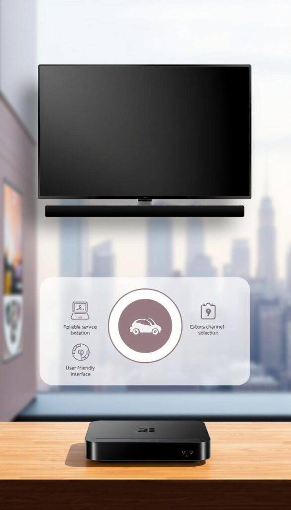 A modern, minimalist illustration showcasing the advantages of IPTVANBIETERTV.com. In the foreground, a sleek, high-contrast display device displaying a crisp, clear IPTV stream without any freezing or buffering. The middle ground features a clean, vibrant infographic highlighting key benefits like reliable service, extensive channel selection, and user-friendly interface, all bathed in a soft, directional lighting. The background depicts a serene, blurred cityscape, conveying a sense of urban sophistication. The overall composition exudes a professional, yet approachable aesthetic, reflecting the quality and reliability of the IPTVANBIETERTV.com service.