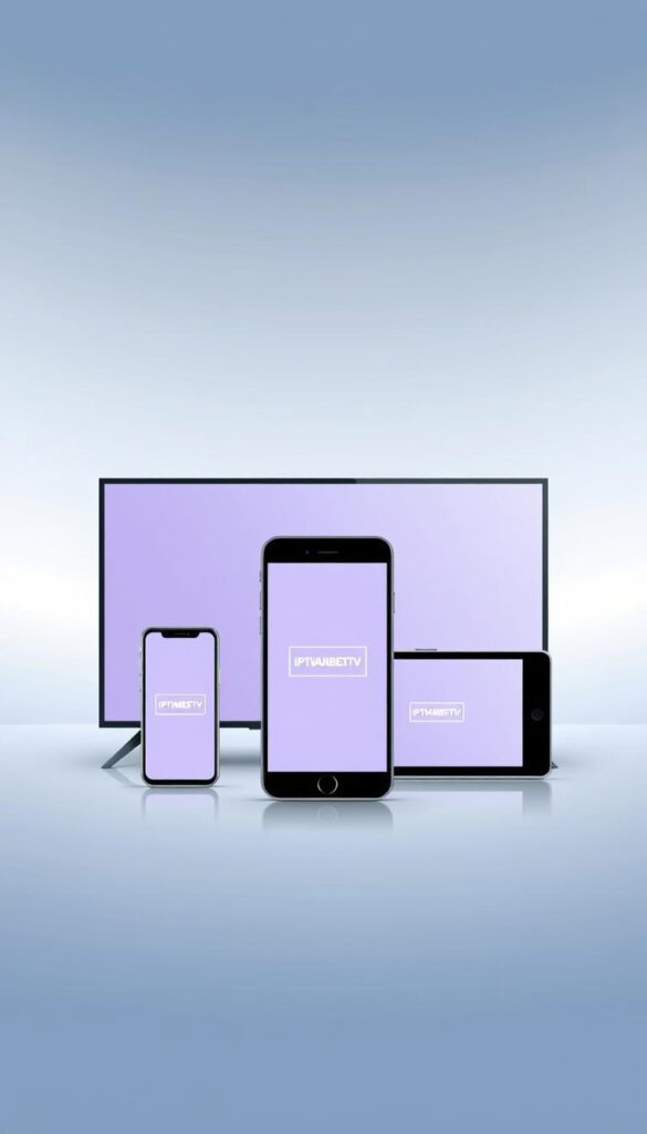 A modern, minimalist illustration showcasing the multi-device support of IPTVANBIETERTV. In the foreground, a sleek smartphone, tablet, and smart TV are arranged in a clean, symmetrical composition, their screens displaying the IPTVANBIETERTV logo. The devices are rendered in a cool, neutral color palette, with a soft, ambient lighting that casts subtle shadows. The background is a simple, gradient-based design, subtly hinting at the idea of connectivity and cross-platform compatibility. The overall atmosphere is one of sophistication, technology, and user-friendliness, reflecting the key features and benefits of the IPTVANBIETERTV service.