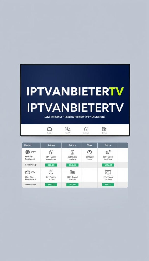 A modern, minimalist illustration showcasing the pricing and packages of IPTVANBIETERTV, a leading IPTV provider in Deutschland. Set against a clean, subdued background, the image features a prominent display of the IPTVANBIETERTV brand name, alongside a grid of different pricing tiers and package options. The layout is visually striking, with bold typography, clean icons, and a color palette that evokes a sense of professionalism and reliability. The overall composition is balanced and inviting, conveying the key information in an easy-to-understand and visually appealing manner.