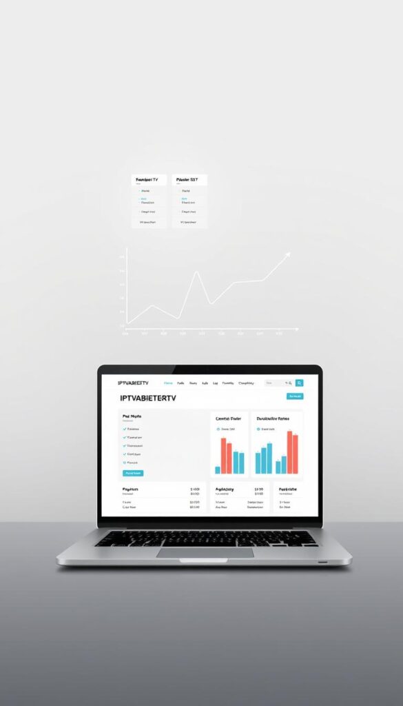 A modern, minimalist illustration showcasing the pricing models and subscription options of IPTVANBIETERTV. In the foreground, a sleek, silver laptop displays the IPTVANBIETERTV website, its clean interface highlighting the various plan tiers and pricing details. The middle ground features an elegant graph chart, its lines and bars visualizing the comparative value of the subscription packages. The background softly fades into a muted, professional gray tone, allowing the focal elements to stand out. The overall mood is one of sophistication, clarity, and technological prowess, perfectly suited to illustrate the section on "Preismodelle und Abonnement-Optionen bei iptvanbietertv.com".