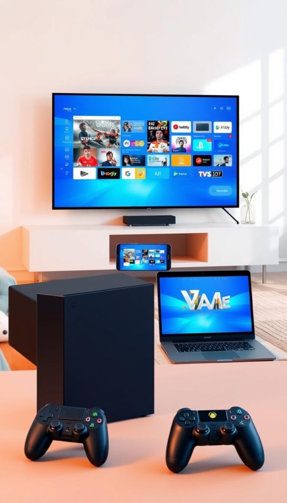 A modern, minimalist illustration showcasing various devices seamlessly accessing a high-quality IPTVANBIETERTV service. In the foreground, a sleek smart TV, tablet, and smartphone display crisp, vivid IPTV content. The middle ground features a laptop and gaming console, all connected through a secure VPN network. The background subtly depicts a clean, contemporary home environment with natural lighting. The overall scene conveys the ease, versatility, and device-agnostic nature of the IPTVANBIETERTV platform, catering to the diverse needs of the modern user.