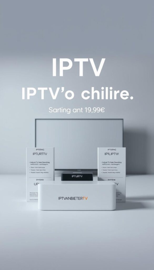 A modern, minimalist image showcasing IPTV Abo Preise. In the foreground, an elegant arrangement of different IPTV subscription packages, each highlighted with a clean, typographic label. The middle ground features a sleek, minimalist device, such as a smart TV or streaming box, subtly showcasing the IPTVANBIETERTV brand. The background is a simple, muted color palette, placing the focus entirely on the IPTV offerings. Soft, diffused lighting creates a sense of depth and sophistication. The overall mood is one of modern, high-quality IPTV services, emphasizing the affordability and value proposition with pricing starting at 9.99€.