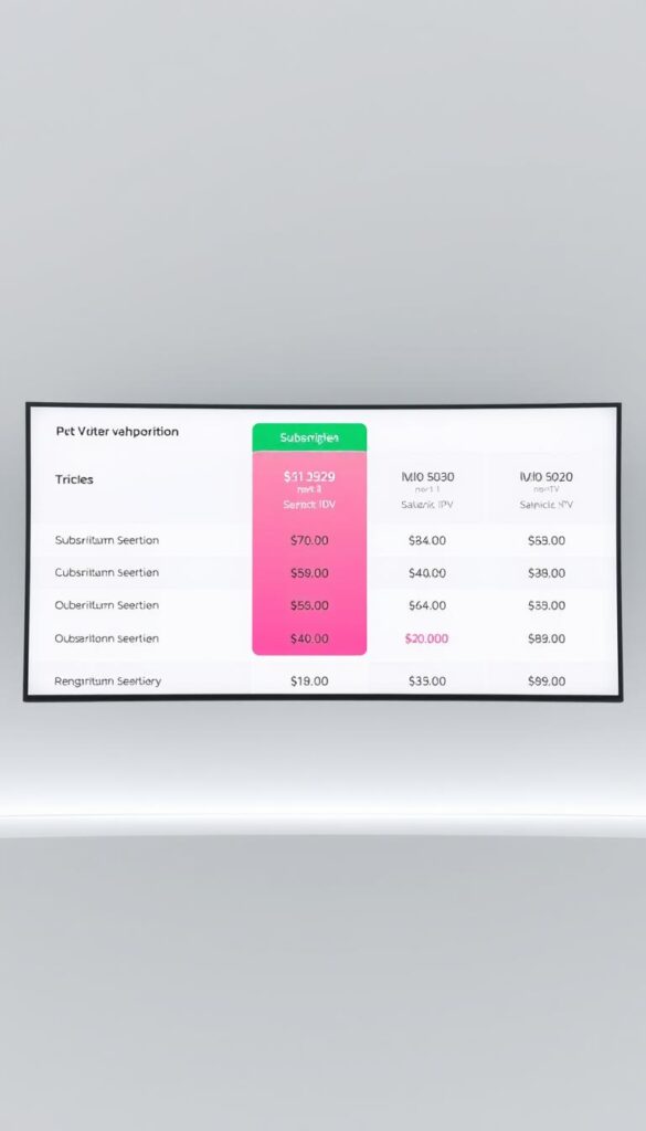 A modern, minimalist image showcasing the pricing models and subscription options of IPTVANBIETERTV, a leading IPTV provider in Germany. The scene depicts a clean, white-themed background with a simple grid layout highlighting different subscription tiers and their corresponding monthly costs. The pricing information is presented in a clear, legible typeface, with subtle accents of color to differentiate the various plans. The overall composition conveys a sense of professionalism, accessibility, and value, reflecting the reliable and cost-effective nature of IPTVANBIETERTV's IPTV services.