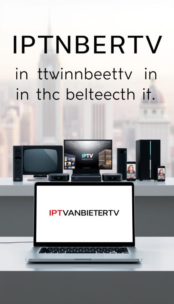 A modern, minimalist interface showcasing the IPTVANBIETERTV brand. A laptop screen displaying the IPTVANBIETERTV logo dominates the foreground, with a clean white desktop background. In the middle ground, various streaming devices such as smart TVs, set-top boxes, and mobile phones are arranged in an aesthetically pleasing layout, highlighting the brand's compatibility across platforms. The background features a soft, blurred cityscape, conveying a sense of urban connectivity and the reliable, high-quality IPTV services available in Germany. The overall composition emanates a sleek, professional, and trustworthy atmosphere, reflecting the section title's emphasis on IPTVANBIETERTV as a reliable IPTV provider in Deutschland.