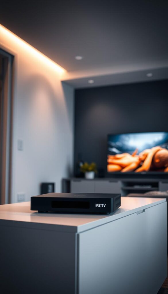 A modern, minimalist interior with a sleek IPTVANBIETERTV set-top box prominently displayed on a minimalist entertainment center. Soft, diffused lighting from overhead casts a warm glow, highlighting the clean lines and muted tones of the room. In the background, a large flat-screen TV displays a crisp, vibrant image, suggesting the high-quality video streaming capabilities of the IPTV service. The overall scene conveys a sense of technological sophistication and seamless home entertainment integration.