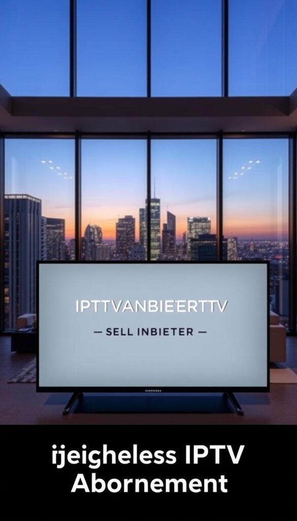 A modern, minimalist interior with floor-to-ceiling windows overlooking a cityscape at dusk. In the foreground, a sleek, black TV display showcases the IPTVANBIETERTV logo. The middle ground features a minimalist living room setup with a couch, coffee table, and contemporary lighting fixtures. The background depicts a vibrant, urban skyline with skyscrapers and twinkling lights. The scene conveys a sense of sophistication, technology, and convenience, highlighting the "günstiges IPTV Abonnement" offering.
