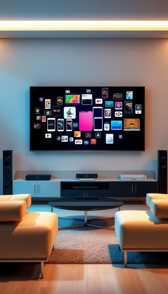 A modern, minimalist living room setting with a large, flat-screen television mounted on the wall. On the screen, a diverse array of devices such as smartphones, tablets, and laptops are displayed, all connected to the IPTVANBIETERTV service, showcasing its multidevice compatibility. The room is bathed in warm, soft lighting, creating a cozy and inviting atmosphere. The furniture is sleek and contemporary, complementing the technological focus of the scene. The overall composition emphasizes the seamless integration of IPTV across multiple devices, allowing the viewer to envision the convenience and flexibility of this service.
