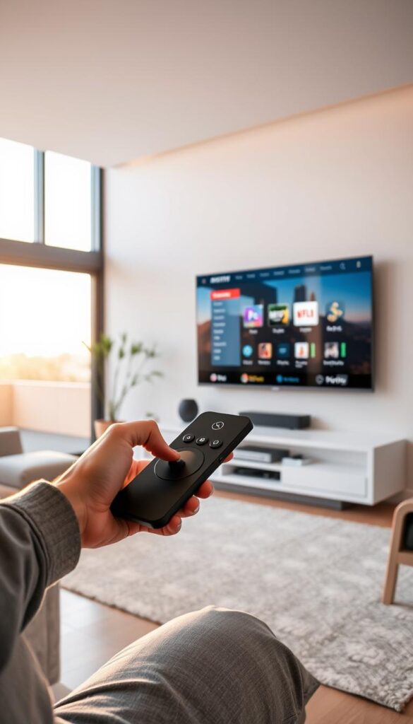 A modern, minimalist living room setting with a sleek, wall-mounted TV display. In the foreground, a person is intuitively interacting with a high-tech remote control, seamlessly navigating the IPTVANBIETERTV user interface. The middle ground features a modern, ergonomic entertainment center housing various streaming devices. The background showcases large windows with a pleasant outdoor view, bathing the room in warm, natural lighting. The overall scene conveys a sense of effortless, high-tech home entertainment and relaxation.