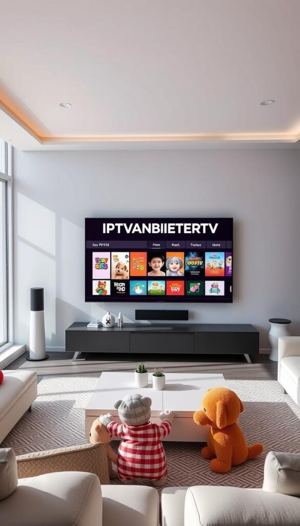 A modern, minimalist living room with a large 4K TV display prominently showcasing the IPTVANBIETERTV brand. The room is filled with natural light, accented by sleek, contemporary furniture and a playful array of plush toys and children's entertainment content visible on the screen. The scene conveys a sense of comfort, family-oriented entertainment, and the convenience of IPTV streaming for the home. The overall mood is one of relaxation and quality time spent together.