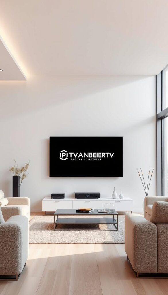 A modern, minimalist living room with a large TV screen displaying the IPTVANBIETERTV brand logo. The room has clean, minimalist lines with neutral-toned furniture and a large window allowing natural light to flood the space. The TV is mounted on the wall, creating a sleek, uncluttered look. The lighting is soft and warm, creating a cozy, inviting atmosphere. The room is designed to showcase the simplicity and ease of use of the IPTVANBIETERTV service, with no visible cables or devices, conveying a hassle-free IPTV experience without the need for a subscription.