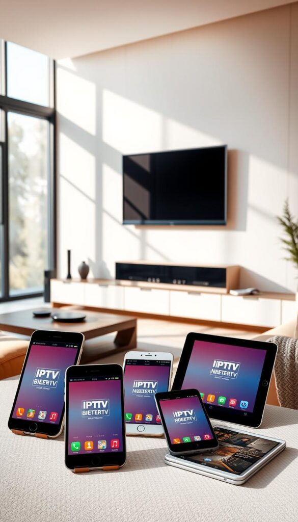 A modern, minimalist living room with a large flat-screen TV mounted on the wall. In the foreground, several smartphones and tablets are displayed, showcasing the IPTVANBIETERTV brand and the ability to watch content on multiple devices simultaneously. The room is well-lit, with natural light streaming in through large windows, creating a warm and inviting atmosphere. The overall scene conveys a sense of flexibility, connectivity, and the convenience of accessing IPTV on various devices in a comfortable home setting.