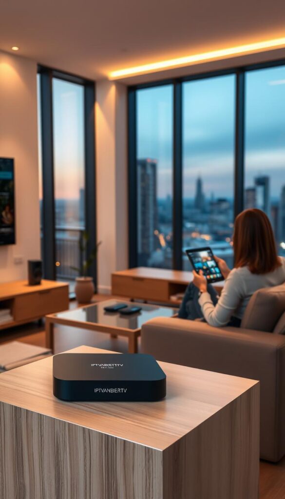 A modern, minimalist living room with a large flat-screen TV mounted on the wall. In the foreground, a sleek black set-top box labeled "IPTVANBIETERTV" sits atop a minimalist wooden entertainment center. The room is bathed in warm, ambient lighting, creating a cozy atmosphere. In the middle ground, a person is seated on a comfortable sofa, using a tablet to navigate the IPTVANBIETERTV interface. The background showcases large windows overlooking a picturesque city skyline, suggesting the versatility of IPTV streaming on various devices.